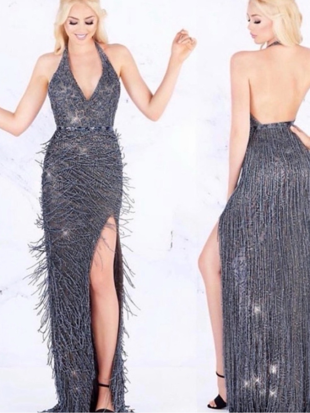 Mac Duggal Silver-Gray Beaded Fringe Backless Halter Gown
